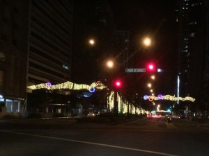 At the corner of Ayala Avenue and Paseo de Roxas waiting for the light to change. 