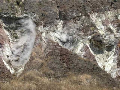 fumaroles/solfataras forming crevices along the volcano's interior. 